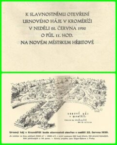 Dobová pozvánka s kresbou urnového háje v Kroměříži, otevřeného 22. června 1930 podle projektu Emila Edgara a Františka Sýkory.